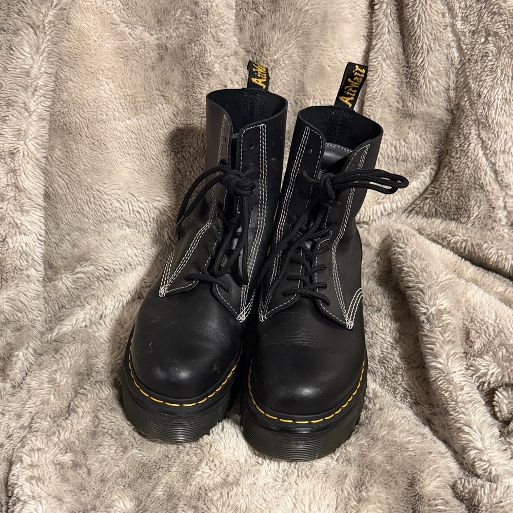 Dr. Martens Jadon Black Leather Platform Lace-Up Boots with Yellow Stitching